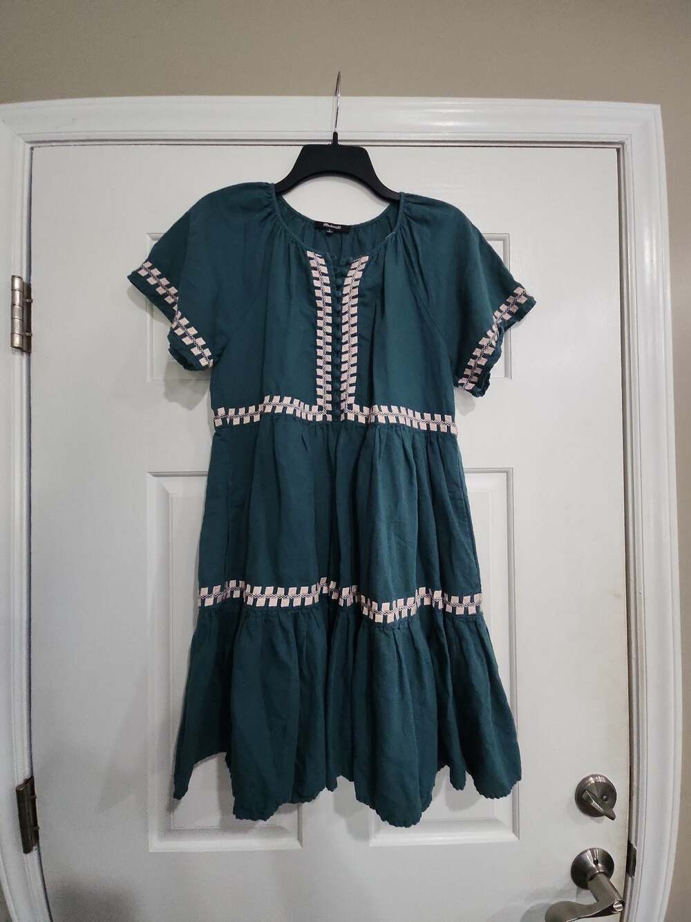 Madewell Embroidered Linen-Blend Flutter-Sleeve Tiered Mini Dress